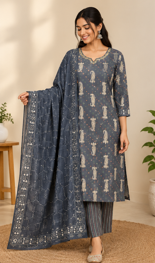 Charcoal Grey Printed Women’s Ethnic Suit Set with Matching Dupatta