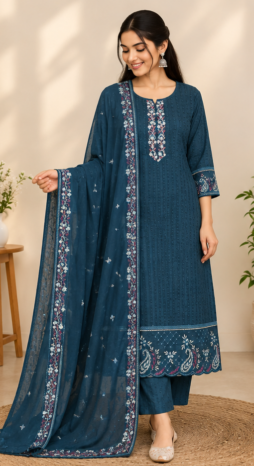 Elegant Teal Blue Embroidered Women’s Ethnic Suit Set with Dupatta