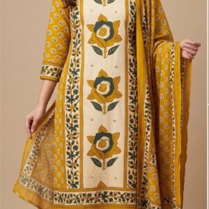 Mustard Yellow Floral Printed Women’s Ethnic Suit Set with Dupatta
