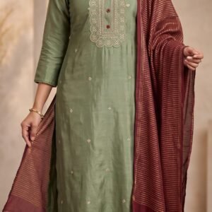 Pista Green Embroidered Women’s Ethnic Suit Set with Maroon Dupatta