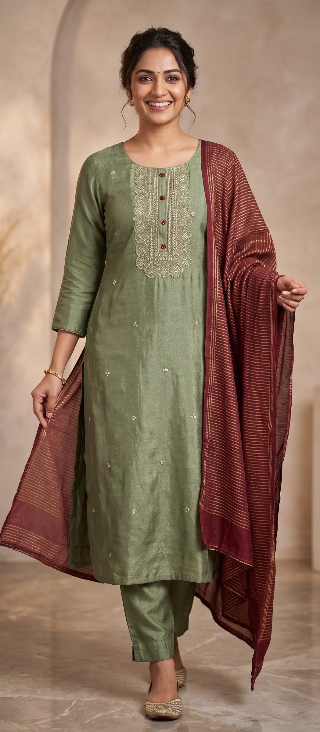 Pista Green Embroidered Women’s Ethnic Suit Set with Maroon Dupatta