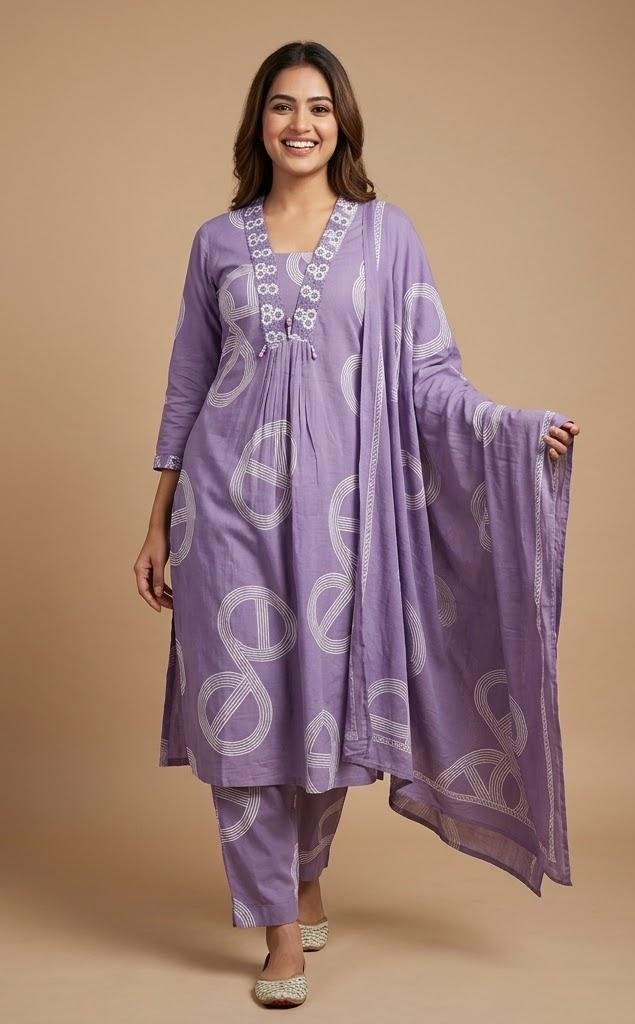 Lavender Purple Printed Women’s Ethnic Suit Set with Matching Dupatta - Image 2