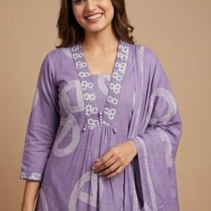 Lavender Purple Printed Women’s Ethnic Suit Set with Matching Dupatta